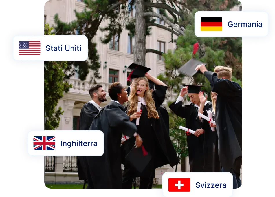 Gruppo di studenti internazionali festeggia la laurea all’estero grazie al sostegno di Habacus, con riferimenti a Stati Uniti, Inghilterra, Germania e Svizzera