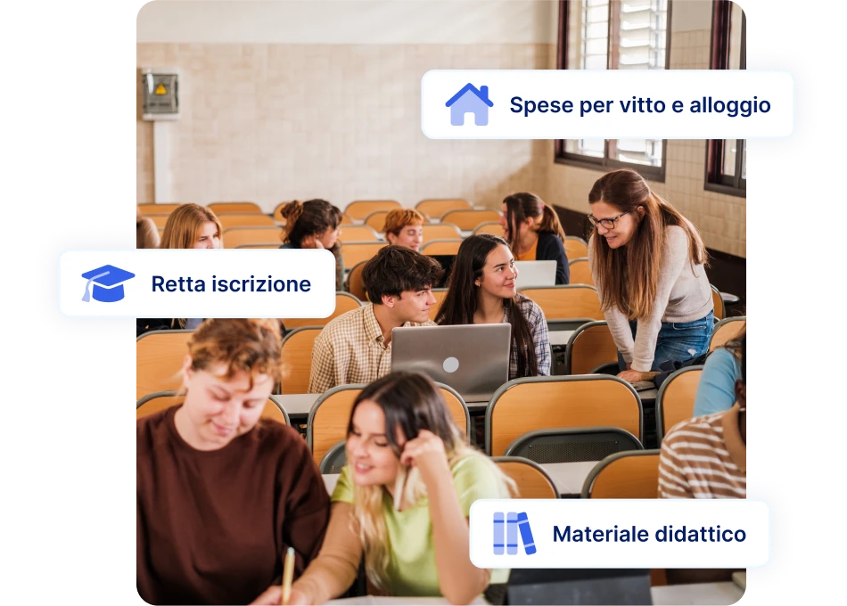 Studenti in aula universitaria, con evidenziate le principali spese legate al percorso accademico: retta, alloggio, materiali