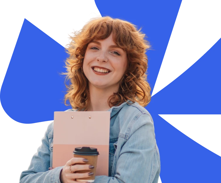 Young red hair woman with star pattern background, holding cup of coffee