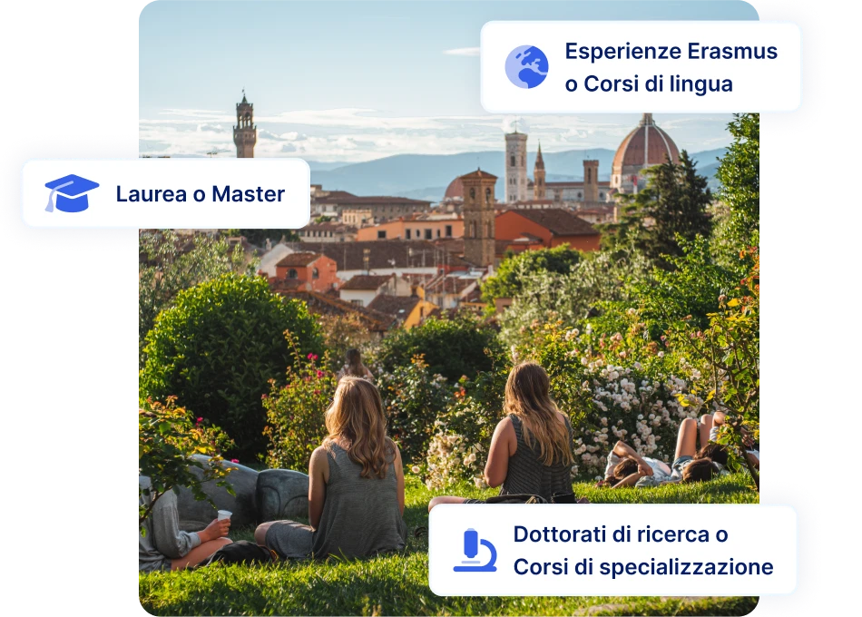 Studenti seduti in un parco con vista su Firenze, che dimostra come un prestito studentesco possa sbloccare percorsi accademici come laurea, Erasmus o dottorato