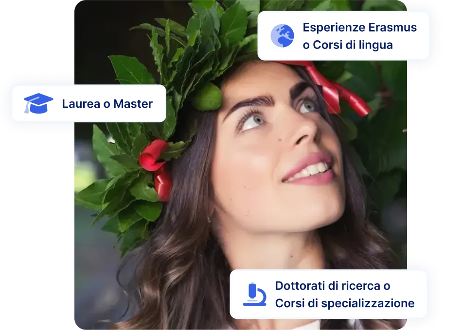 Studentessa laureata con corona d’alloro, rappresentazione dei percorsi accademici disponibili: laurea, master, Erasmus, dottorato